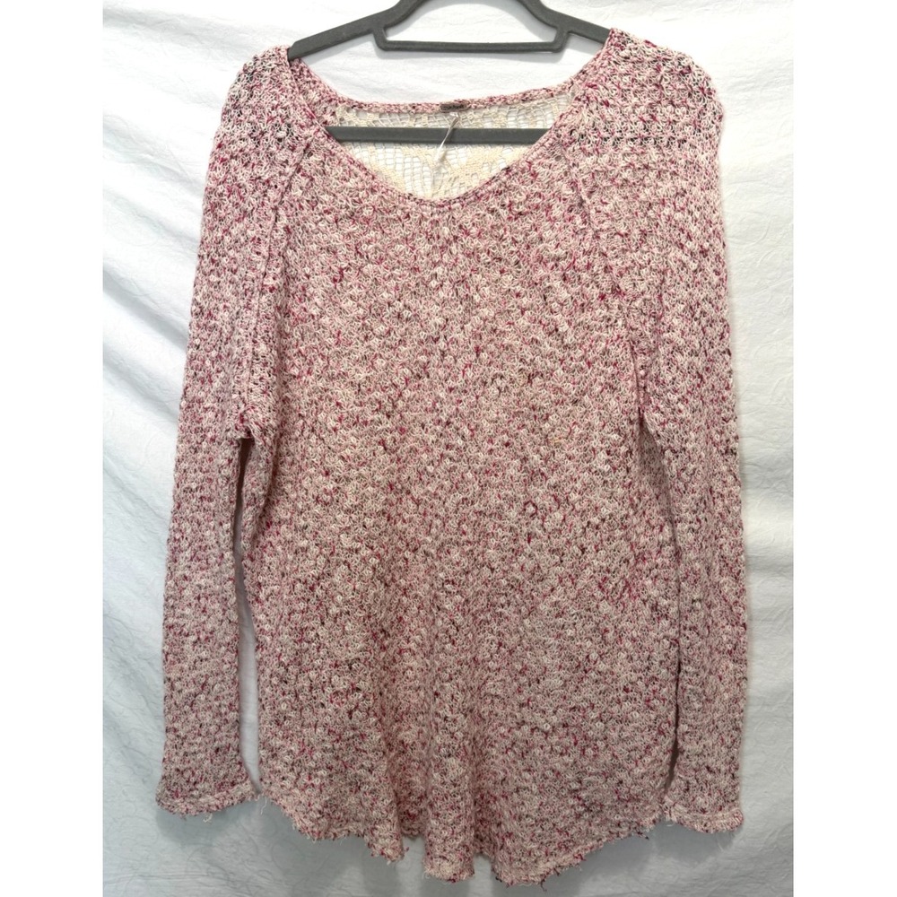 Free People Size Small Oversized‎ Pink Crochet Lace Open Knit Back Sweater